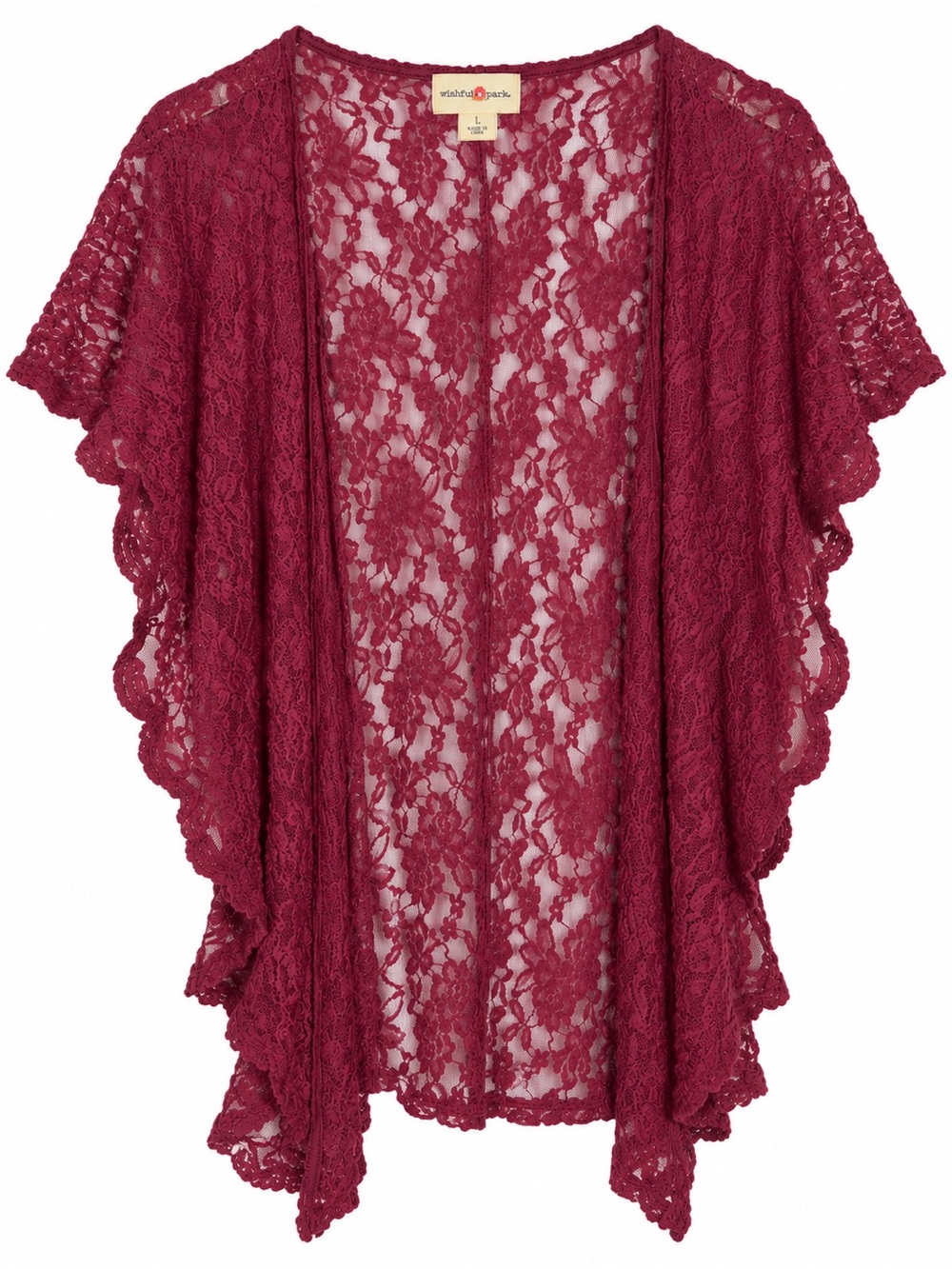 Wishful Park Lace Kimono Cardigan Women’s Large Burgundy Sheer Open Front